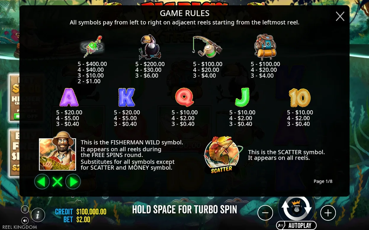 Game Rules paytable page 1 of 8 listing symbol payouts, Fisherman Wild and Scatter details