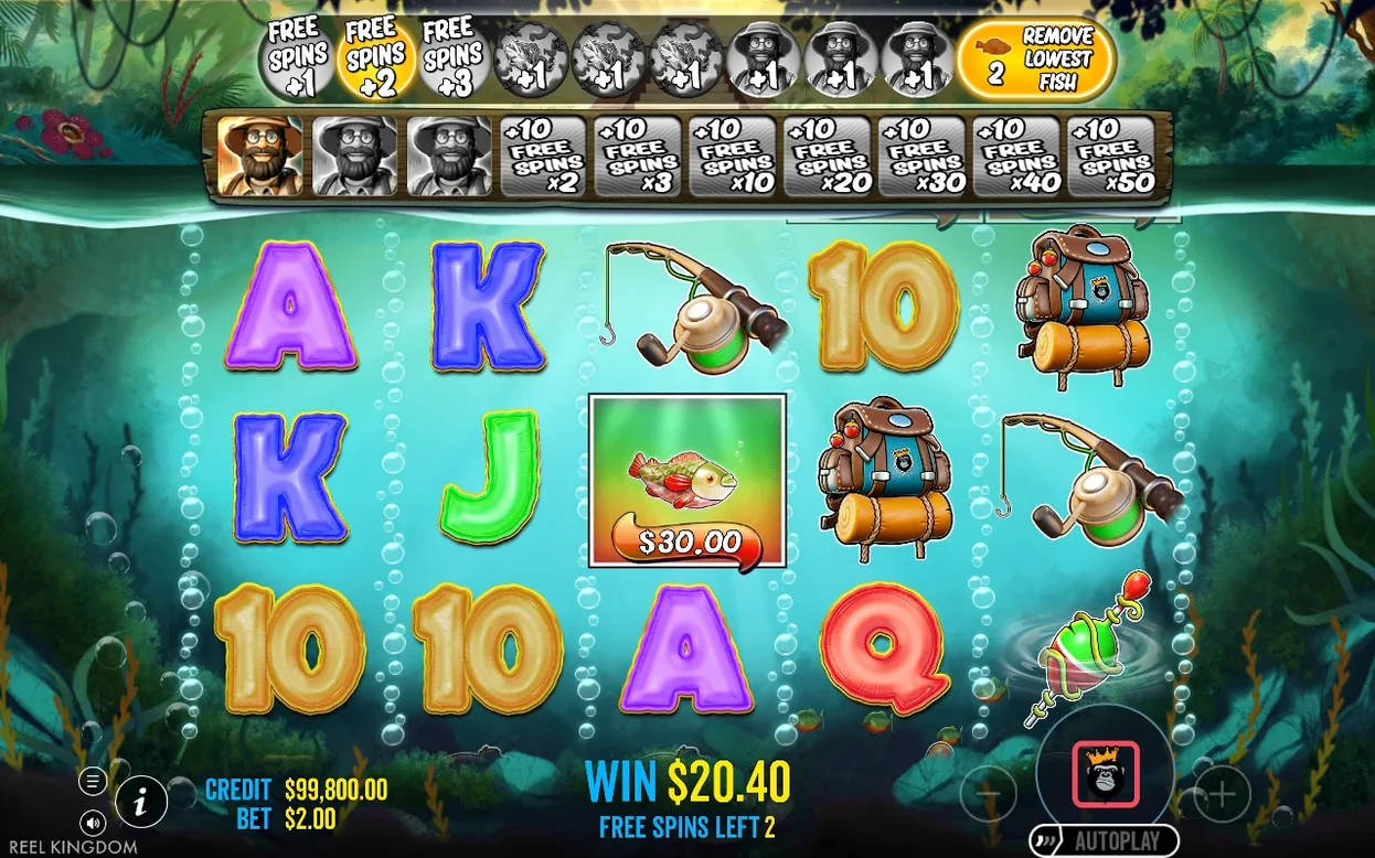 Free spins round shows a $30.00 fish symbol, $20.40 win and retrigger tracker with 2 spins left