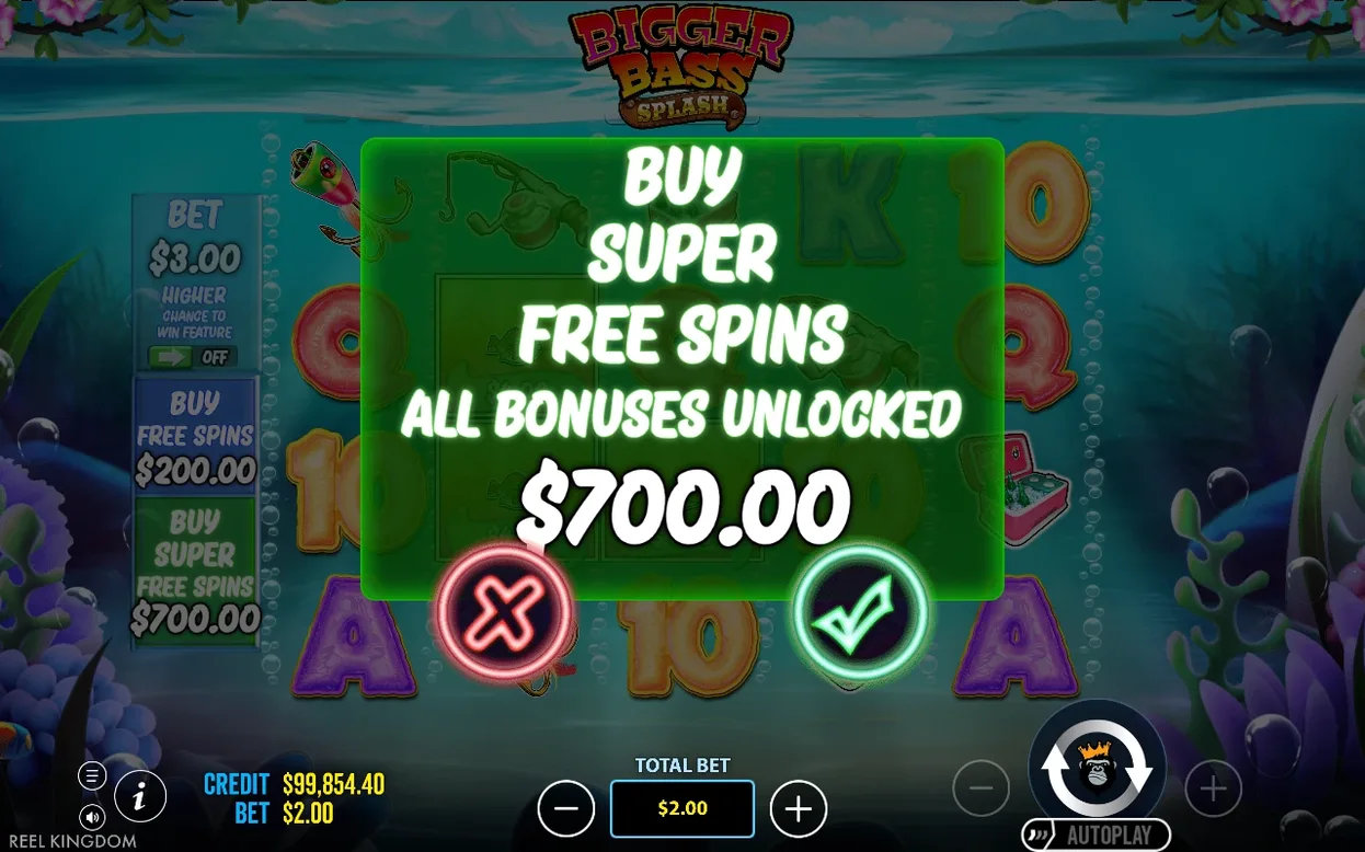 Potrditveno okno za nakup Super Free Spins za 700,00 $ z gumboma za potrditev in preklic