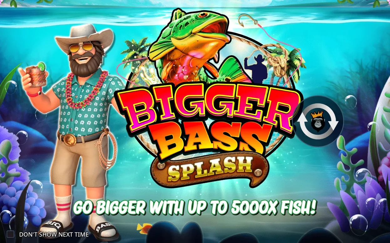 Nalagalni zaslon Bigger Bass Splash z ribičem, logotipom igre in veliko ribo pod vodo