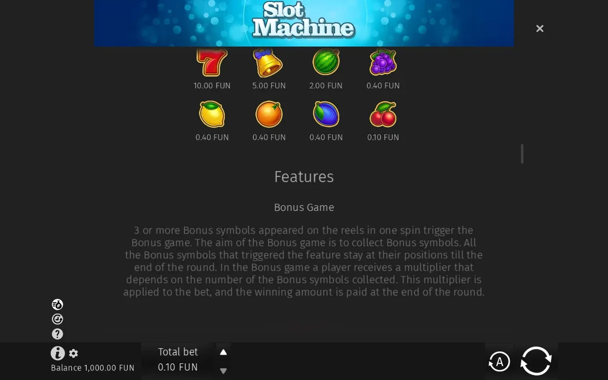 Tabela izplačil za simbole od sedmice do češenj ter uvod v opis funkcije Bonus Game spodaj.
