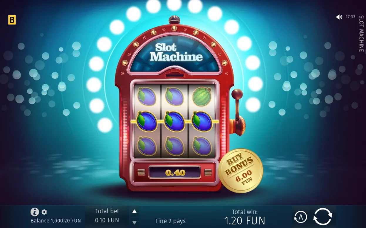 Srednja vrsta treh sliv osvetljena zlato, izpis Line 2 pays in skupna zmaga 1.20 FUN pri stavi 0.10 FUN.